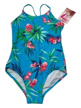 Kanu Surf Big Girls 12 Leonie Aqua One Piece Swimsuit Blue Tropical Floral - $11.29