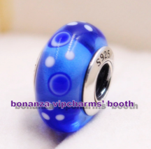 925 Sterling Silver Handmade Glass Bead Blue Bubbles Murano Glass Charm  - $3.98