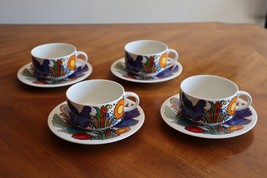 Lot of 4x Villeroy &amp; Boch ACAPULCO Flat Cups with Saucers 3.5&quot; Dia Birds Flowers - £63.27 GBP