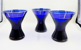 Cobalt Blue Silver Stripe Art Deco Snifter Cordial Shot Glasses Set Of 3 - £48.21 GBP