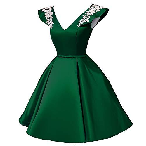 V Neck White Lace Short Satin Formal Prom Homecoming Dresses Emerald Green US 4