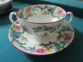 CAULDON ENGLAND CONSOME SOUP CUP SAUCER VICTORIA PATTERN LACE AND FLOWER... - £50.60 GBP