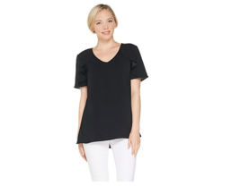 H by Halston Woven V-Neck Short Sleeve Top with Ruffle Detail Black Plus 26 - £9.04 GBP