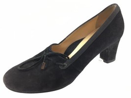 SH20 Taryn Rose EUR 37 US 7M Black Suede Bow Block Heel Shoes Made In Italy - $20.30