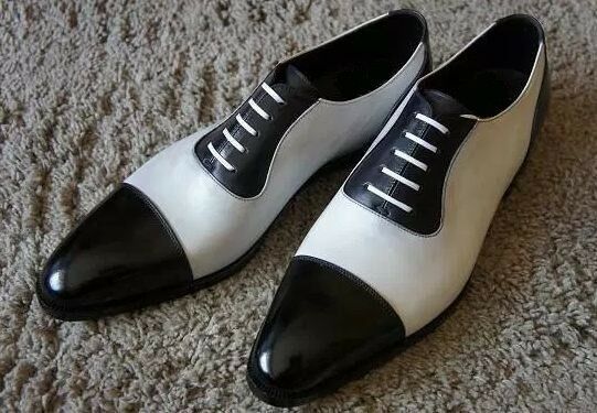 Two Tone Oxford Black White Plain Rounded Cap Toe Leather Lace Up Shoes US 7-16