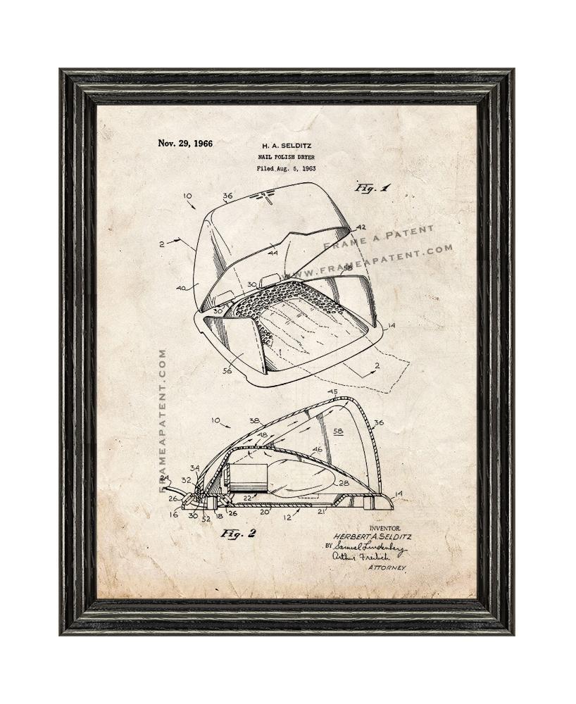 Nail Polish Dryer Patent Print Old Look with Black Wood Frame