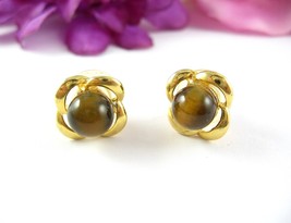 Vintage TIGER&#39;S EYE PIERCED EARRINGS Bead Flower Setting Post Stud Goldt... - $19.79