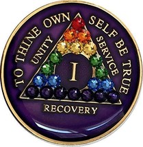 AA Medallion Year 1-45 Purple Tri-Plate Swarovski Crystal Rainbow Chip - £15.63 GBP