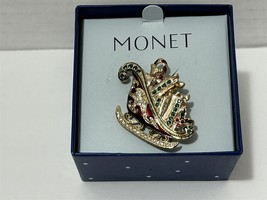 Vintage Monet Christmas Sleigh Gifts Enamel Multi Rhinestones Brooch Pin Estate - £14.95 GBP