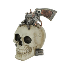 Resin Skull &amp; Revolver Sculpture Decorative Western Figurine Cowboy Home Decor - £23.72 GBP