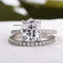 3.00 CT Cushion Cut Engagement Ring Set, Hidden Halo Moissanite Wedding Ring - £82.22 GBP