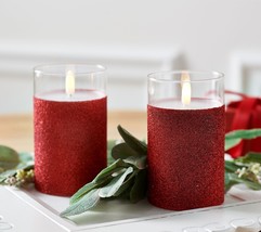 Lightscapes Set of (2) 5&quot; Glittered Glass Flameless Candles in Red - £31.00 GBP