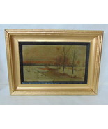 ANTIQUE SCENIC WINTER W/ STREAM OIL PAINTING ON MASONITE - $475.40 CAD