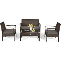 Wicker Patio Furniture Set 4-PC Loveseat Chairs Table Gray Cushion Brown... - £223.31 GBP