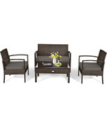 Wicker Patio Furniture Set 4-PC Loveseat Chairs Table Gray Cushion Brown... - £223.54 GBP