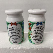 Vintage Plastic Round Grace Before And After Prayer Salt and Pepper Shakers - £6.40 GBP