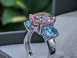 New 3Ct Oval Cut Lab-Created Morganite &amp; Aquamarine 925 Silver Engagement Ring - £85.57 GBP