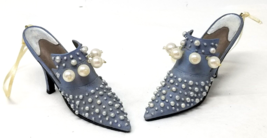 White Beaded Blue Fashion Heels Shoe Figurine Fringe Ceramic Vintage - £9.07 GBP