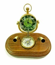 Antique Brass Desk Clock Pen Holder With Wooden Base Collectibles Office  - £45.48 GBP