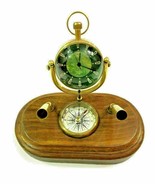 Antique Brass Desk Clock Pen Holder With Wooden Base Collectibles Office  - £45.00 GBP