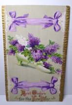 New Years Postcard Purple Flowers Shoe Best Wishes Embossed 1912 Vintage - £8.22 GBP