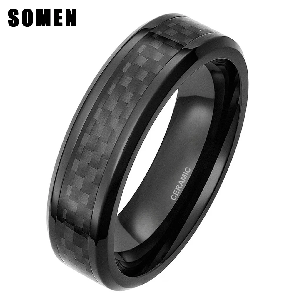 Ceramic Men&#39;s Wedding Rings Black Carbon Fiber Inlay Men Engagement Ring 6mm 8mm - £20.39 GBP