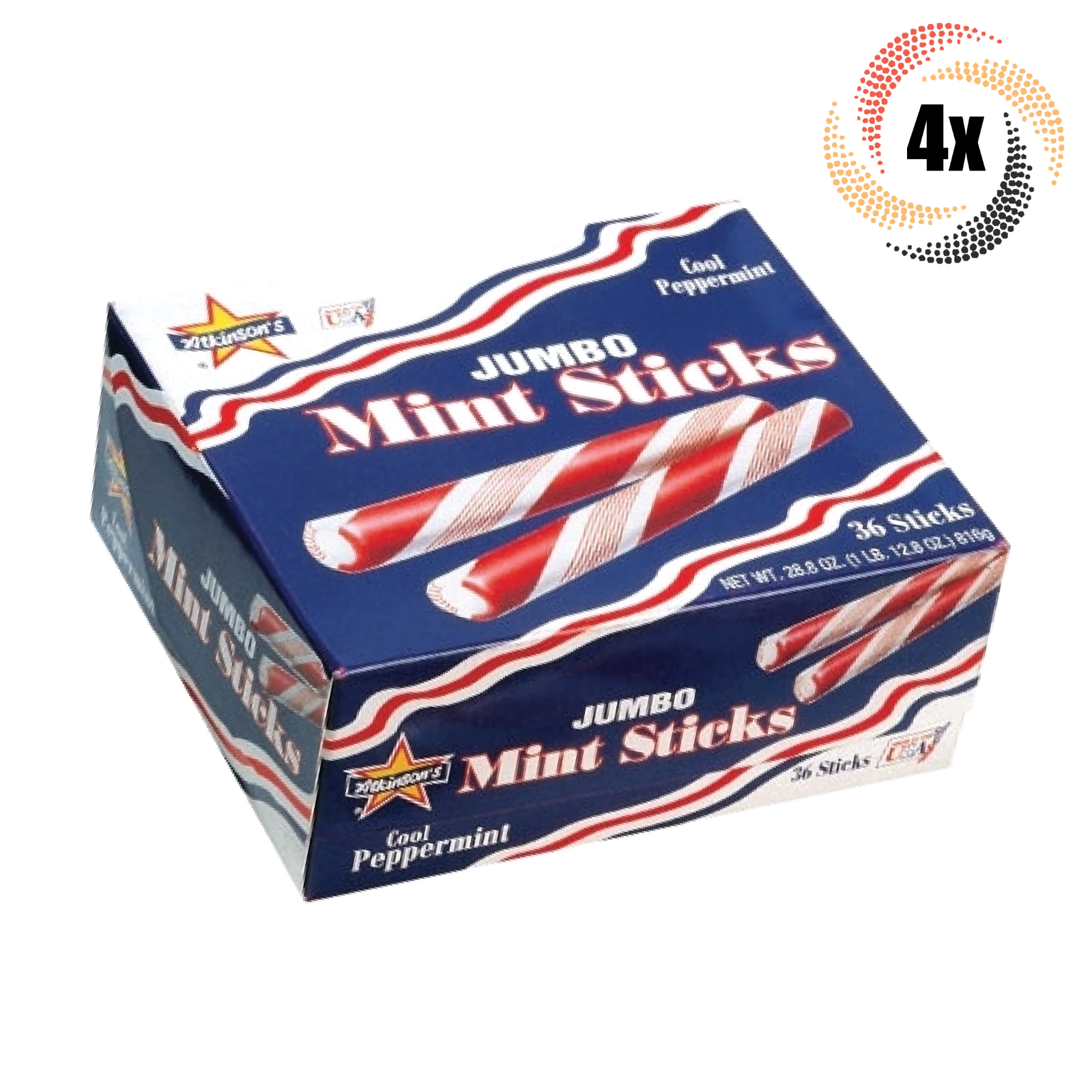 Primary image for 4x Boxes Atkinson's Jumbo Mint Sticks Cool Peppermint Flavor Candy | 36 Sticks