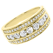 10k Oro Amarillo Hombres Tres Filas Redondo Imitación Diamante Anillo de Boda - £789.90 GBP