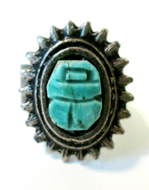 Vintage ADJUSTABLE EGYPTIAN FAIENCE GLAZED TURQUOISE Tone SCARAB Ring UN... - $36.99