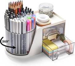 Rotating Desk Organizer With 2 Drawer, Pencil Pen Holder For Desk, Desk, White - £31.53 GBP