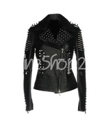 New Women Punk Rock Black Full Silver Spiked Studded Brando Biker Leather Jacket - $179.99