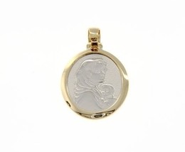 18K YELLOW &amp; WHITE GOLD PENDANT OVAL MEDAL MARY &amp; JESUS ENGRAVABLE MADE ... - $391.60