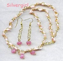 Pink Ribbon Pink Czech Glass Beaded Earring Necklace Set - £13.58 GBP