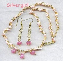 Pink Ribbon Pink Czech Glass Beaded Earring Necklace Set - $16.99