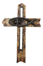 Rustic Horizontal Ichthys Jesus Fish Symbol With Arrows Faux Wooden Wall... - $27.99