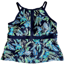 Lands&#39; End Navy Blue w Green Floral  Halter Shelfbra Swimsuit Top Size 22W - $33.24