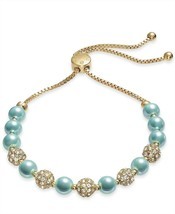 Charter Club Pavé Crystals & Imitation Pearl Slider Bracelet Blue Turquoise Gold - $14.00