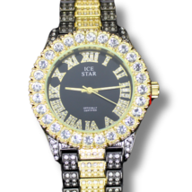 Men&#39;s Two Tone Round Face Iced up Bezel 44mm CZ Gold Plated Metal Band W... - £27.96 GBP