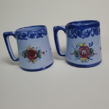 Portugal Pottery Hand Painted Coffee Mugs Set of 2 Blue Floral Ceramic Angled - £8.76 GBP