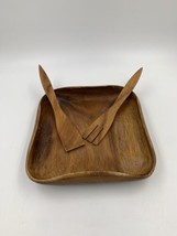 Vintage Monkey Pod Wood Bowl with Wooden Fork &amp; Spoon Phillipines - $11.30