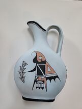 Mexican Pottery Water Bottle Jug Light Blue  Handpainted  Signed No Cracks - $18.43