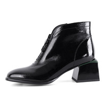 Women Ankle Boots Elegant French Patent Leather Zipper Shoes Green Thick Heels W - £128.60 GBP