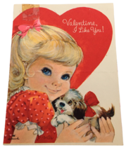 Hallmark Valentines Day Card Blonde Girl and Dog Valentine I Like You 1960s Vtg - $7.99