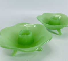 Pair Fenton Green Jadeite Glass 6 Petal Flower Footed Taper Candle Holders VTG - £43.28 GBP