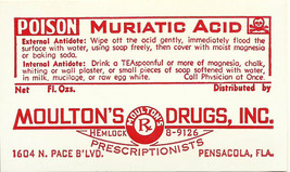 1 Vintage Pharmacy Label Muriatic Acid Poison Moulton&#39;s Drugs Pensacola Florida - £38.48 GBP