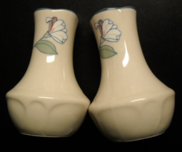 Bulbous Base Salt and Pepper Shaker Set Light Cream Body Blue Rim Floral Accents - £6.28 GBP