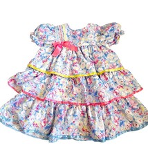 Vintage 90s Girls 4T Floral Tiered Party Dress Blue Pink Bow Puff Sleeve - $33.77