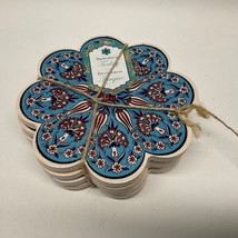 Set/4 Turkish Ceramic Pottery Floral Handcrafted Scallop Tile Coasters Boho NEW - £47.36 GBP