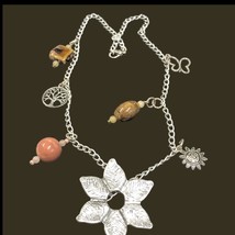 Fashion Necklace Silver Tone Charms Tree of Life Lg Flower Beads 12.5 in long - £13.40 GBP