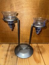 2 Candle Candelabra Holder Iron Metal Brushed with 2 Blue Glass Holders - $19.75